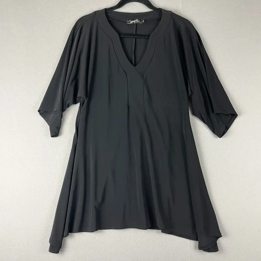 Sympli Asymmetrical Tunic Top Womens 6‎ Black V-Neck Kimono 3/4 Sleeve Jersey